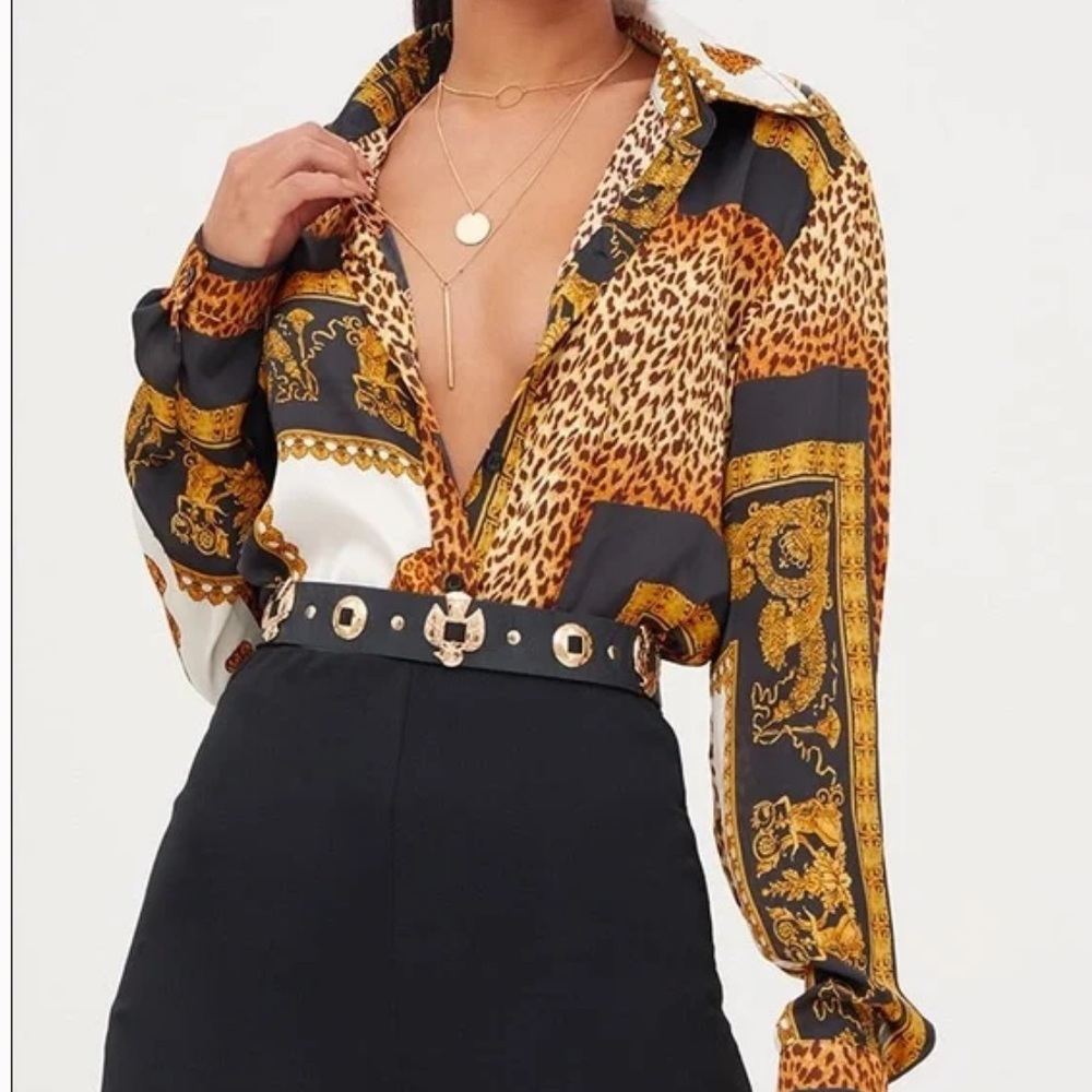 PLT PrettyLittleThing Satin Leopard Print XS button up shirt / top oversized
